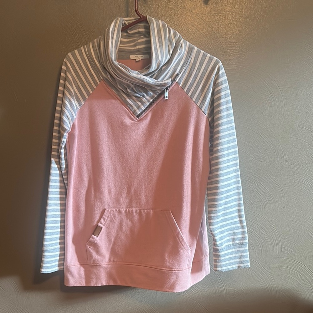 Pink and Gray Striped Cowl Neck Sweatshirt